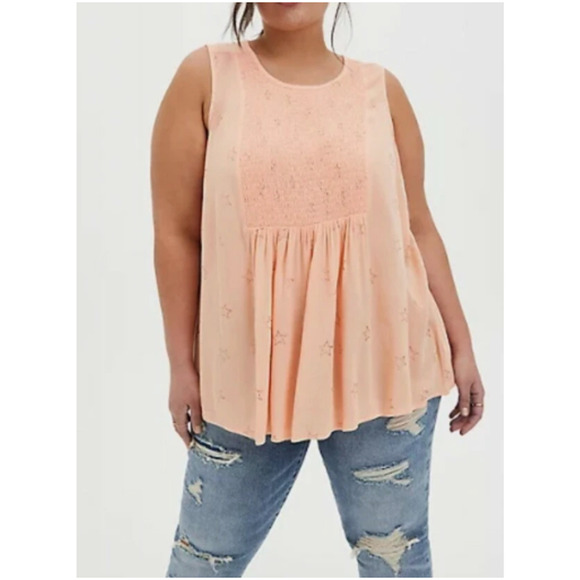 Torrid Crinkle Gauze Smocked Tank Womens 00X Peach Glittered Stars Celestial - Picture 1 of 8